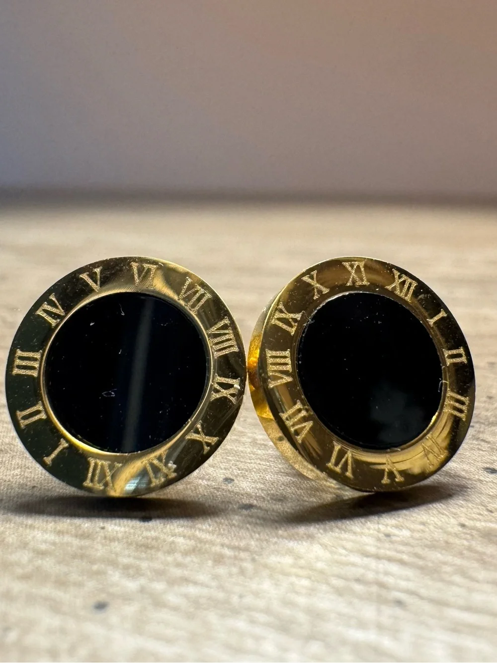 Gold Tone Round Roman Numeral Black Studs